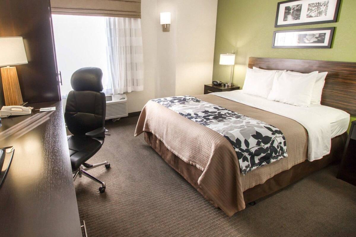 Una habitación de hotel con cama, escritorio, silla, lámpara y ventana con cortinas.