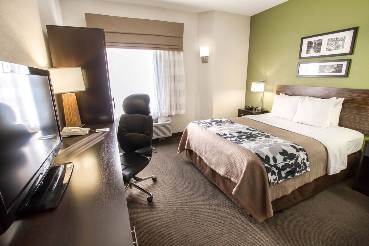 Una habitación de hotel con cama, escritorio, silla, televisor y dos lámparas de noche.