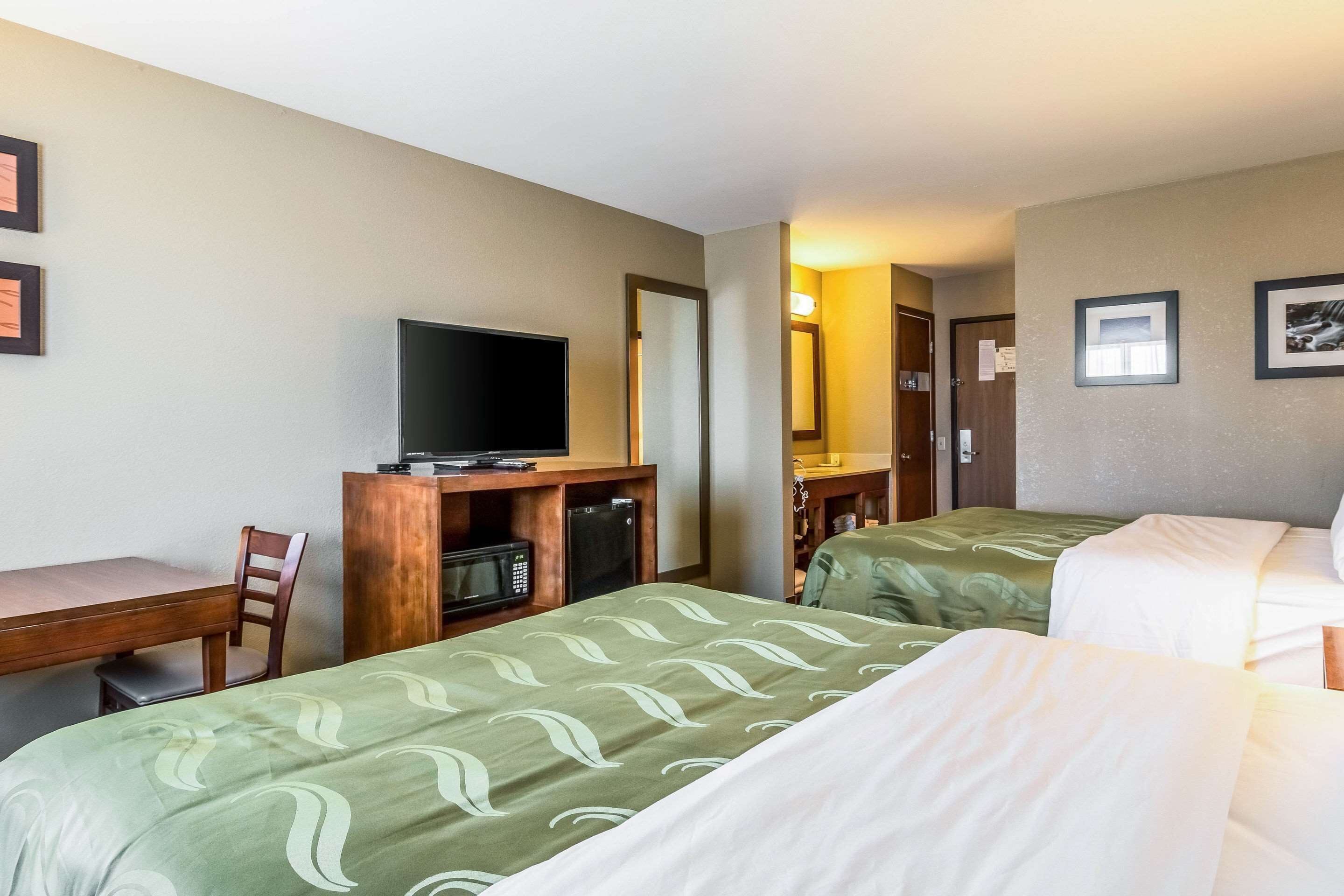 Una habitación de hotel con dos camas, un escritorio, un televisor, un microondas y una silla.
