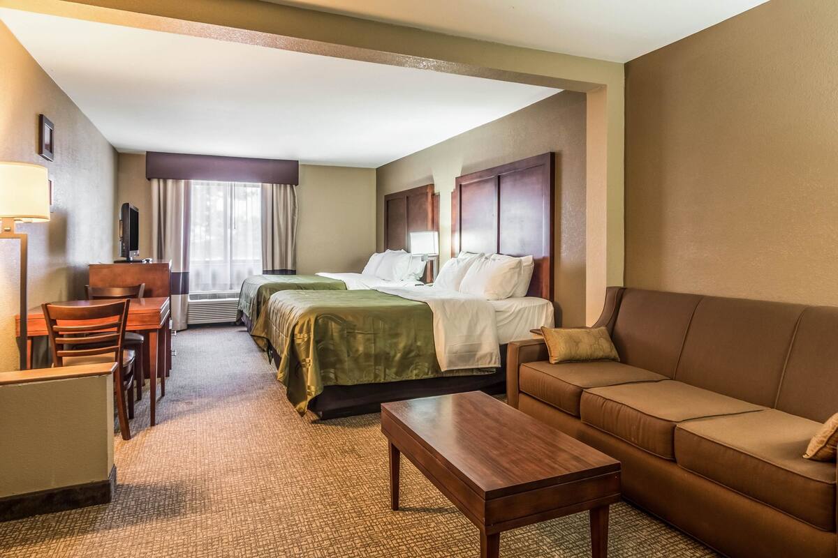 A hotel room with a bed, a sofa, a desk, and a chair.