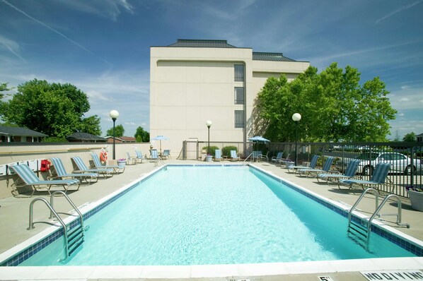 Seasonal outdoor pool, pool umbrellas, pool loungers