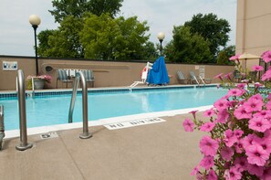 Seasonal outdoor pool, pool umbrellas, pool loungers