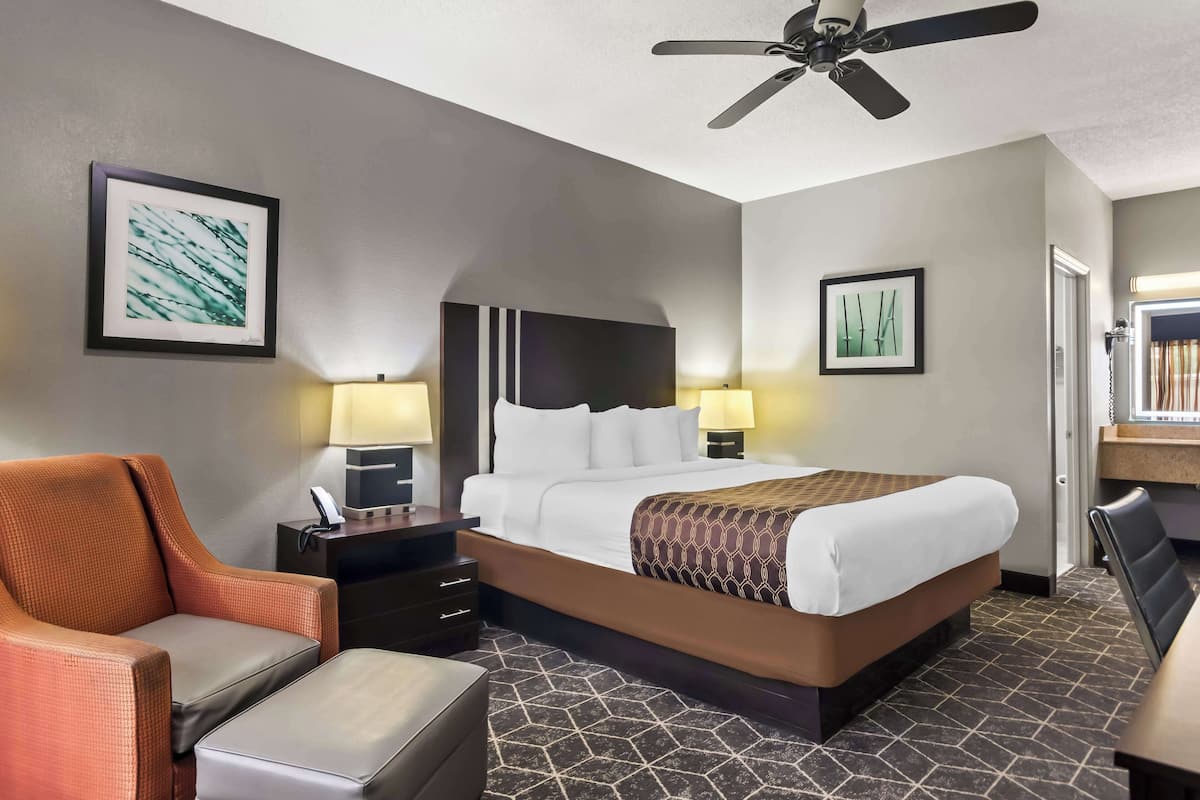 standard room, 1 king bed, non smoking, refrigerator & microwave | premium bedding, in-room safe, desk, laptop workspace