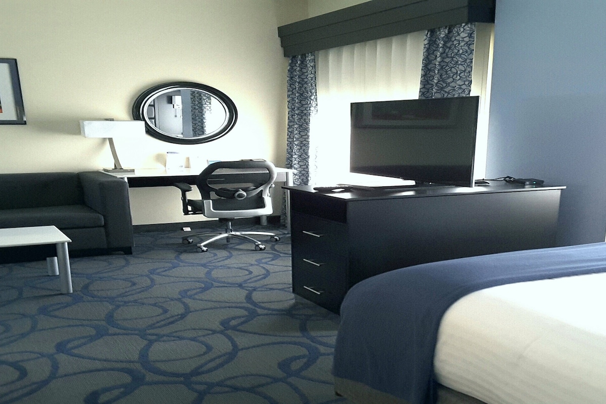 Une chambre d’hôtel comprenant un lit, un bureau avec une chaise, une télévision, un canapé, une petite table et un miroir.