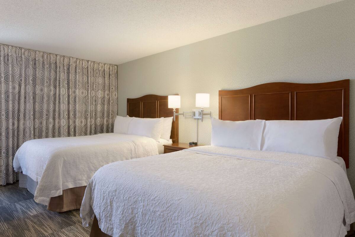 Ein Hotelzimmer mit zwei Betten, einem gemusterten Vorhang und einem Nachttisch mit Lampe.