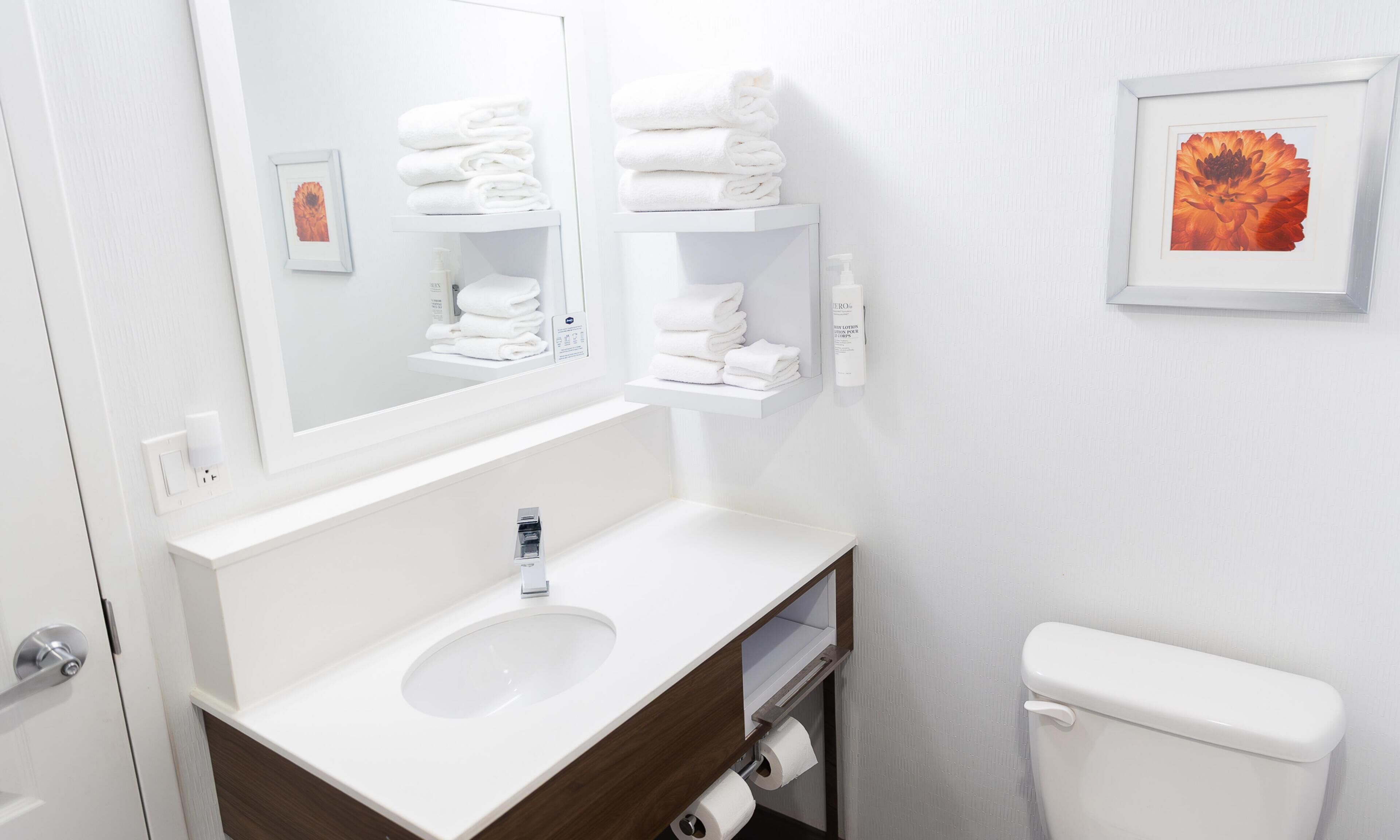A bathroom with a white sink, a mirror, a toilet, and a framed picture on the wall.
