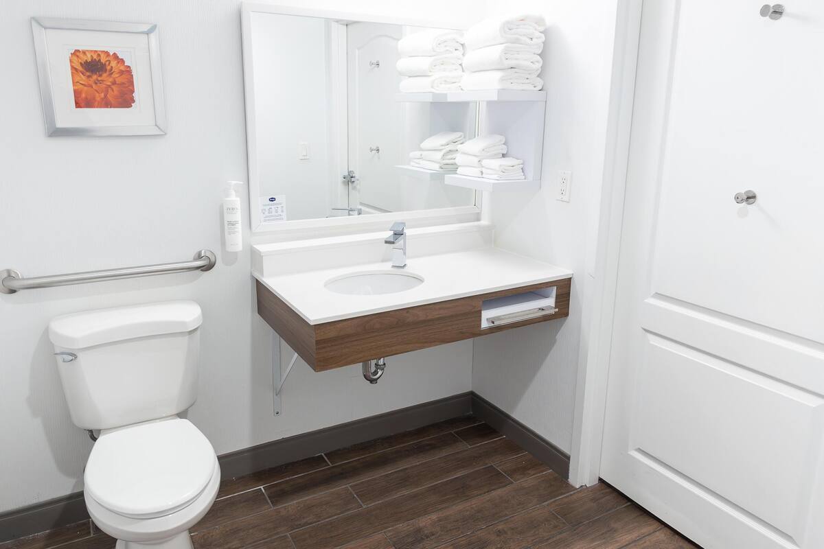 A bathroom with a toilet, sink, mirror, towel rack, and a framed picture on the wall.