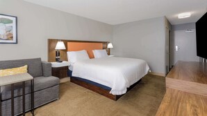 Una habitación de hotel con cama, sofá, escritorio y televisor.