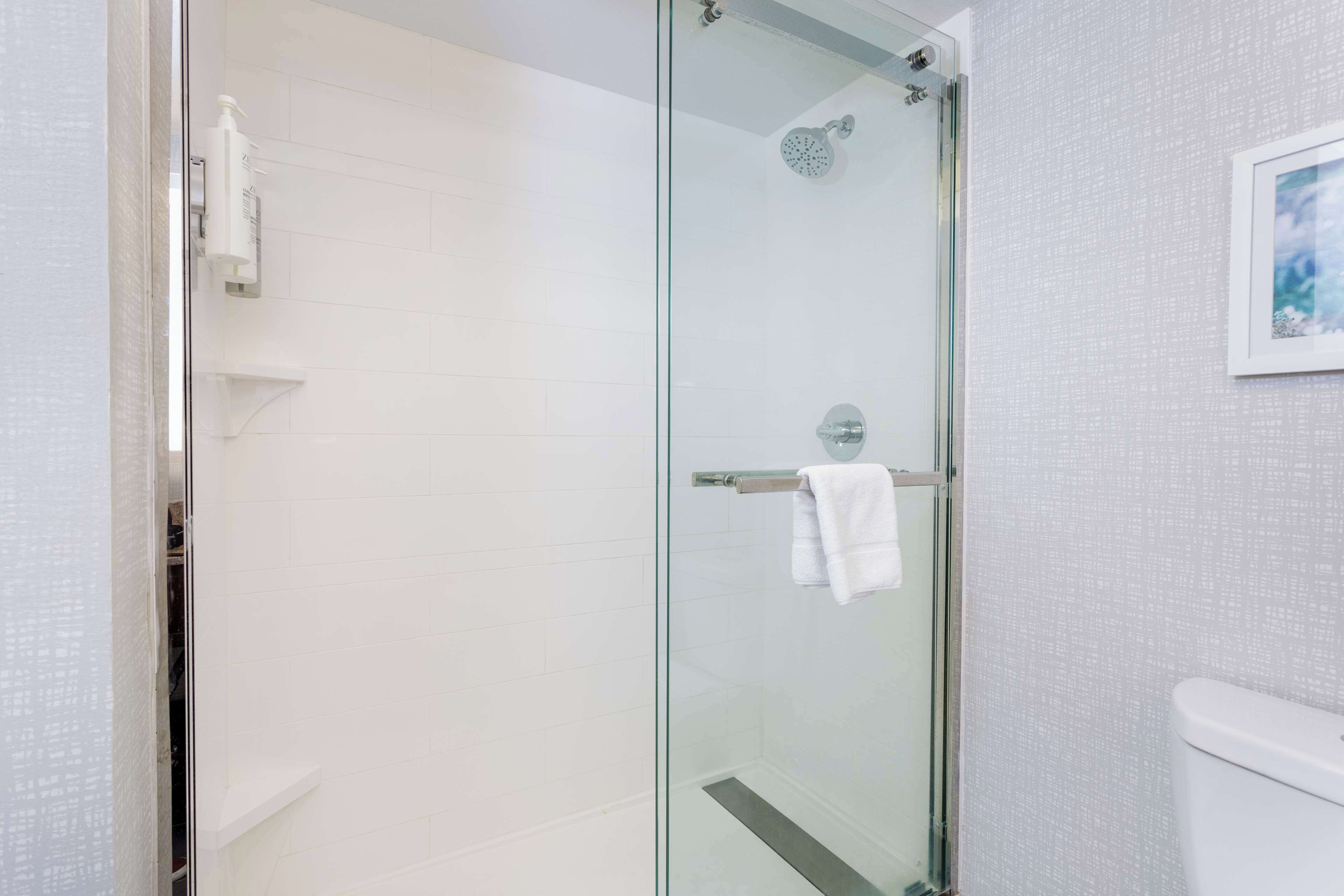 combined shower/bathtub, free toiletries, hair dryer, towels