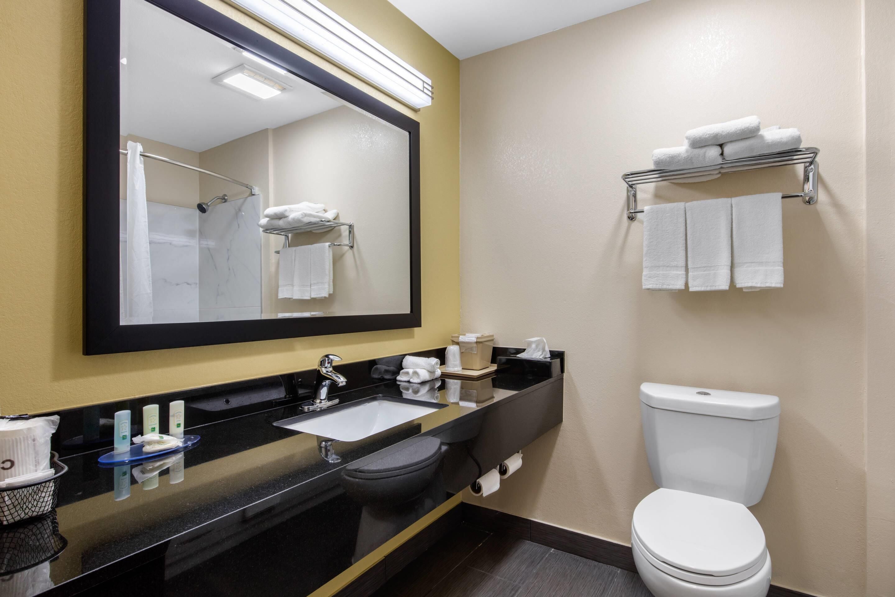 A modern bathroom with a black sink, mirror, white toilet, and towel rack.