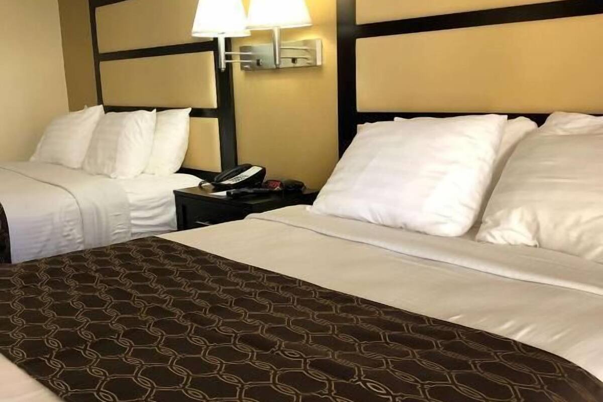 A hotel room with a large bed, two bedside lamps, a nightstand, and a wall-mounted phone.