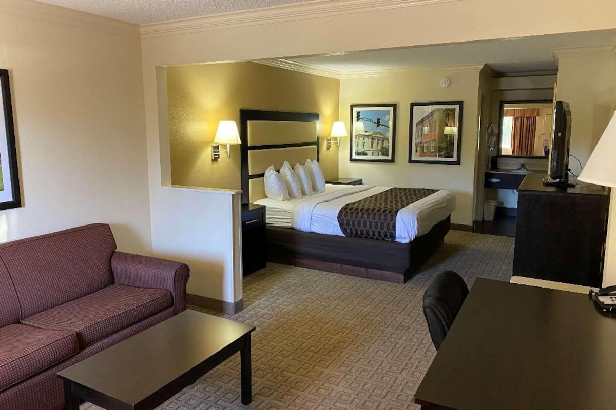 Una habitación de hotel con una cama, un sofá, un escritorio y un televisor.
