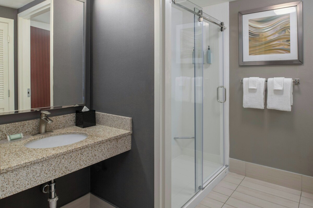 Une salle de bain moderne avec un lavabo surmonté d’un plan de travail en granit, une douche en verre et une œuvre d’art encadrée au mur.