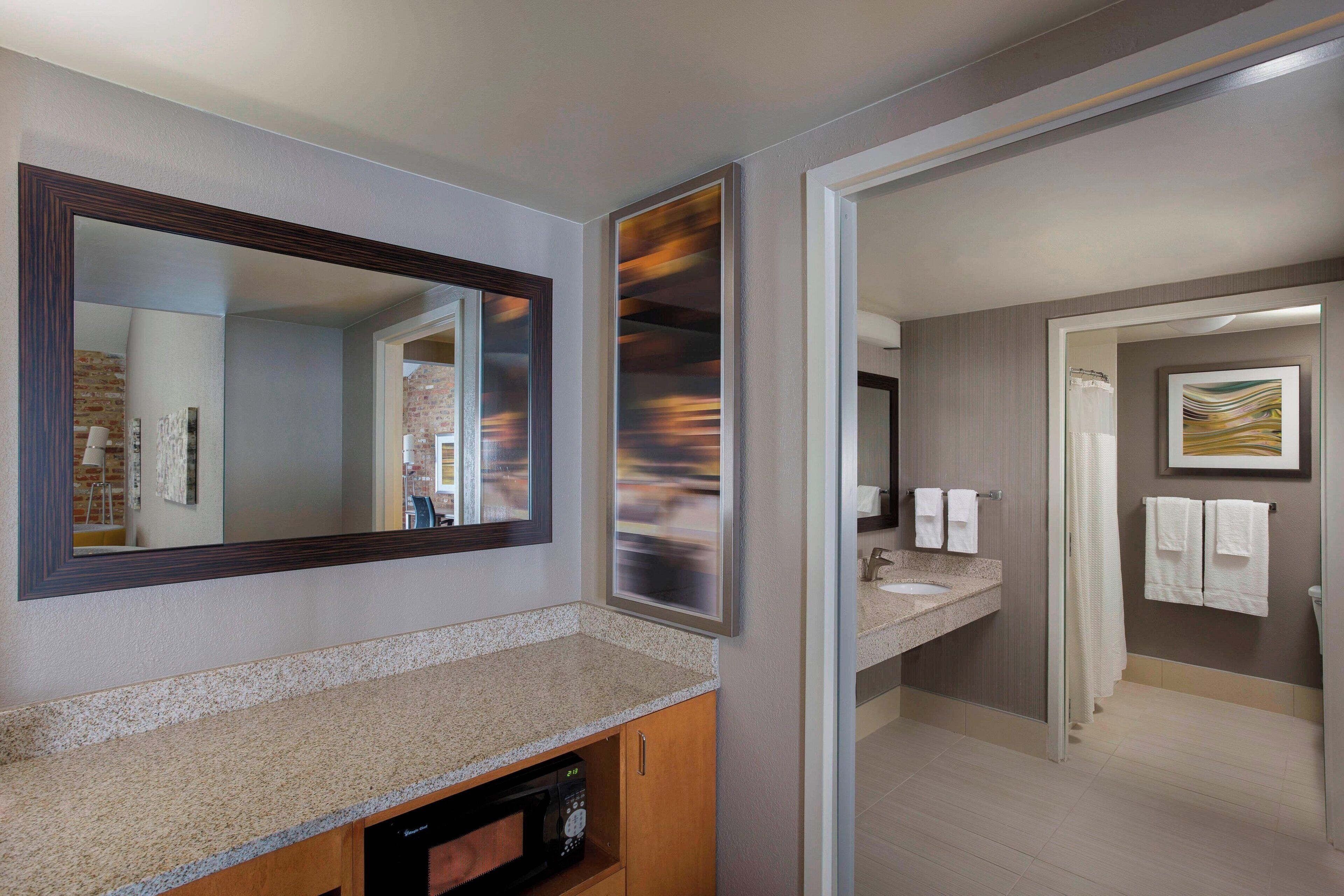 combined shower/bathtub, free toiletries, hair dryer, towels