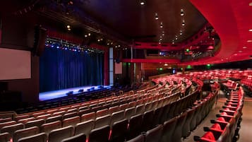 Une salle de spectacle avec des gradins, une scène et une galerie.