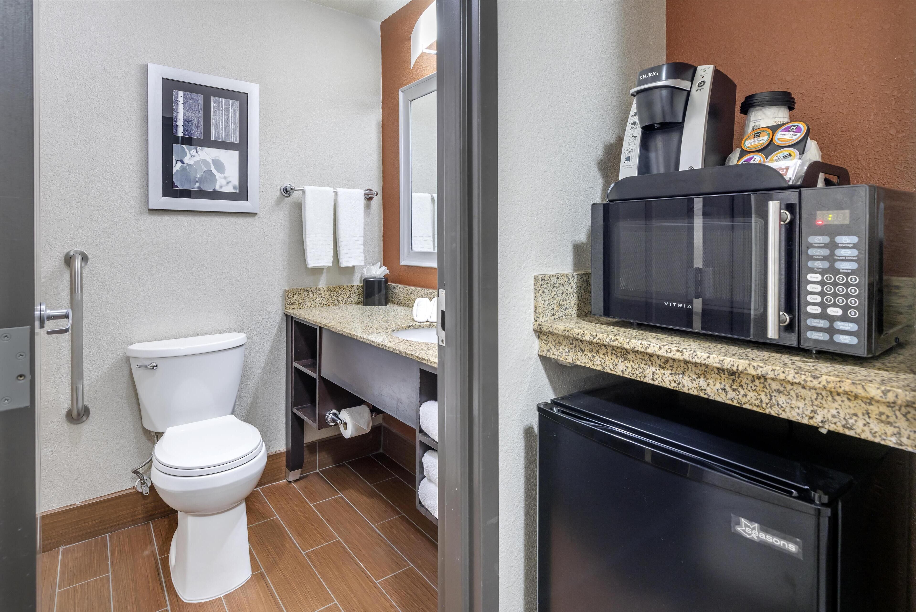 combined shower/bathtub, free toiletries, hair dryer, towels