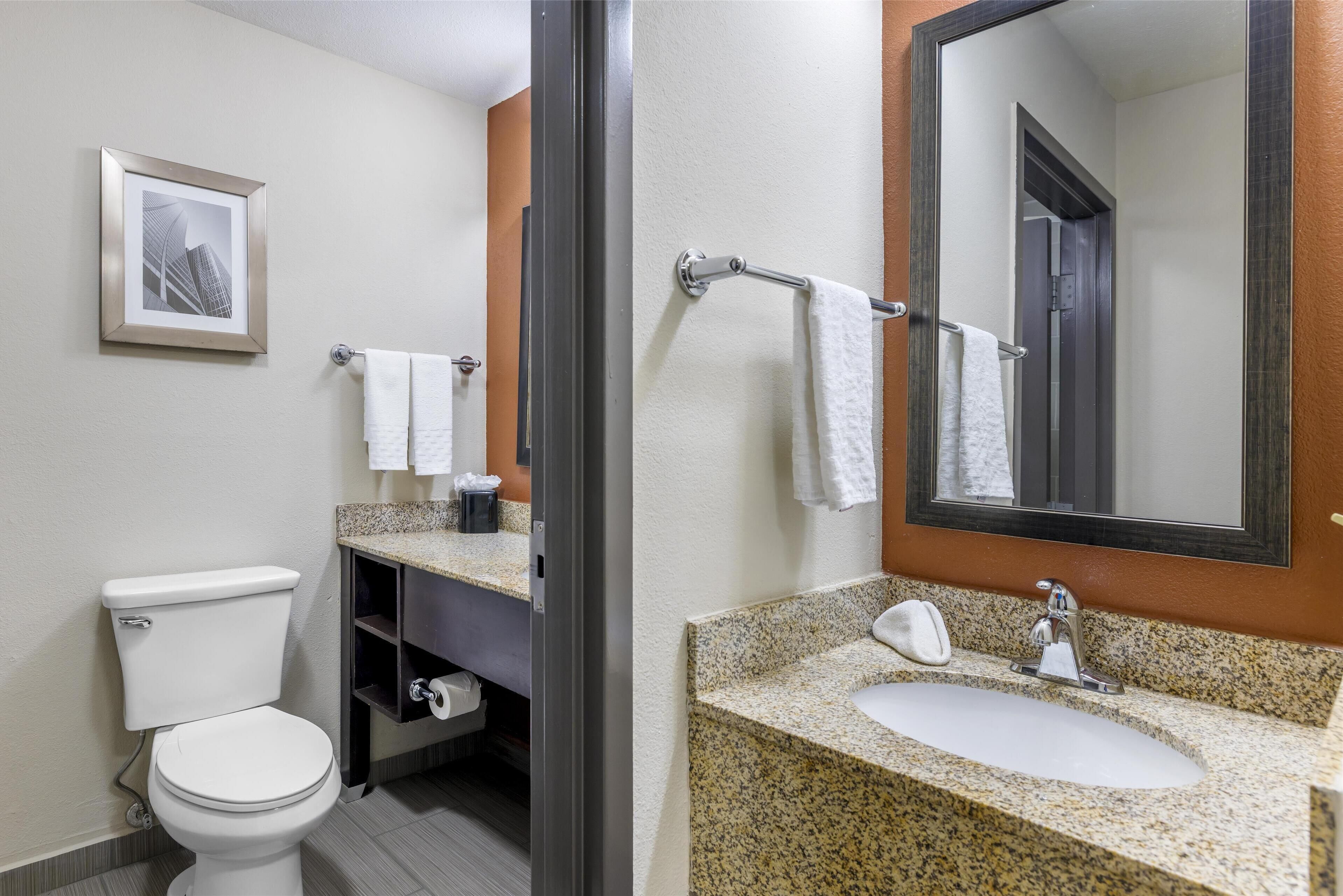 A bathroom with a toilet, sink, and towel rack.