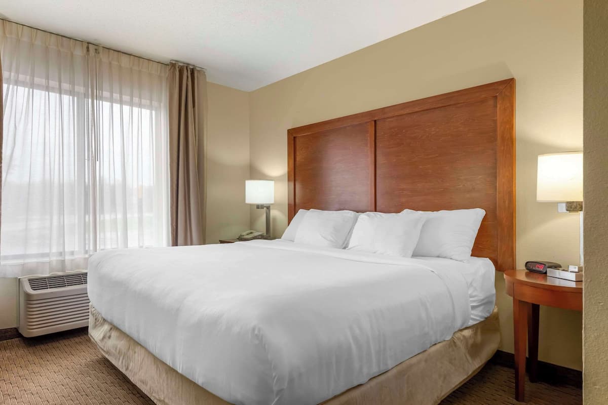 A hotel room with a large bed, a wooden headboard, a bedside table with a lamp, and a window with sheer curtains.