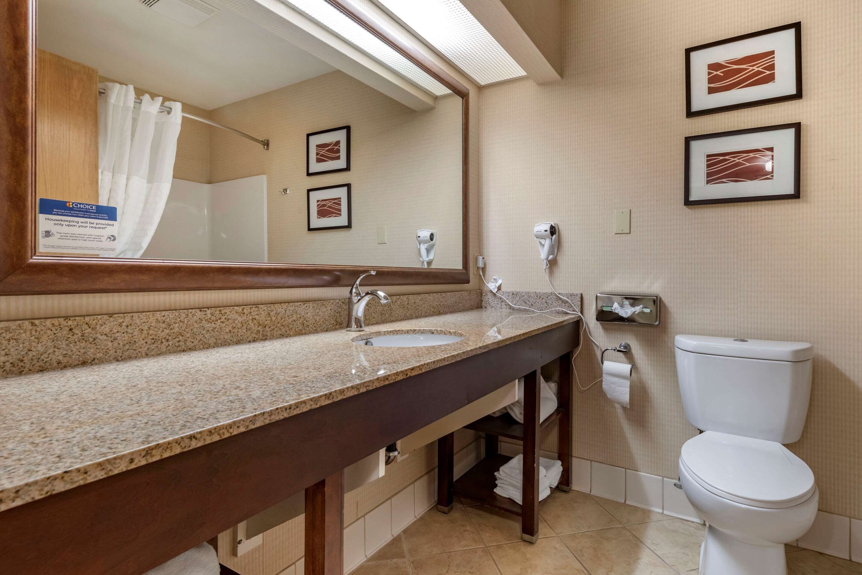 Une salle de bain d’hôtel avec un lavabo doté d’un plan de toilette en granit, un grand miroir, des toilettes et deux tableaux encadrés accrochés au mur.