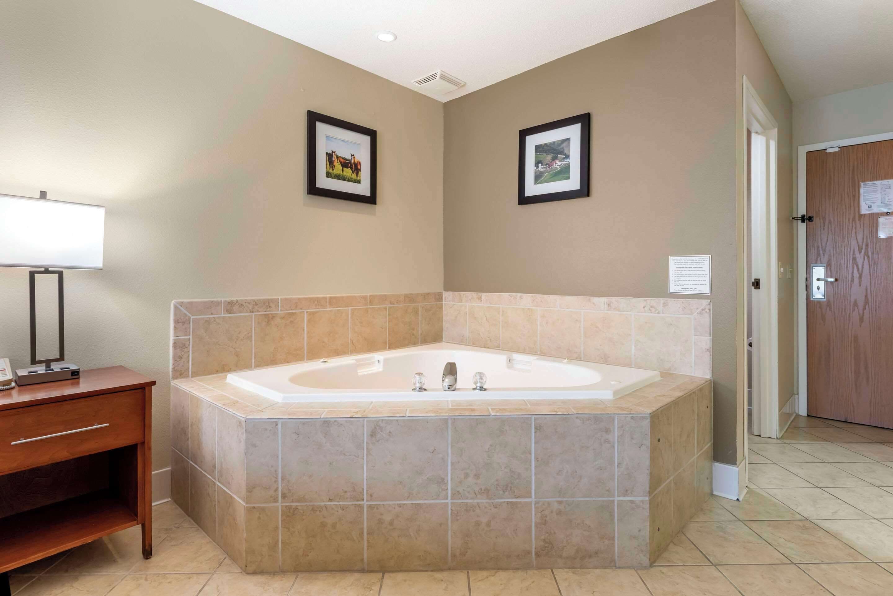 Une salle de bain avec une grande baignoire, un meuble-lavabo en bois et deux tableaux encadrés au mur.