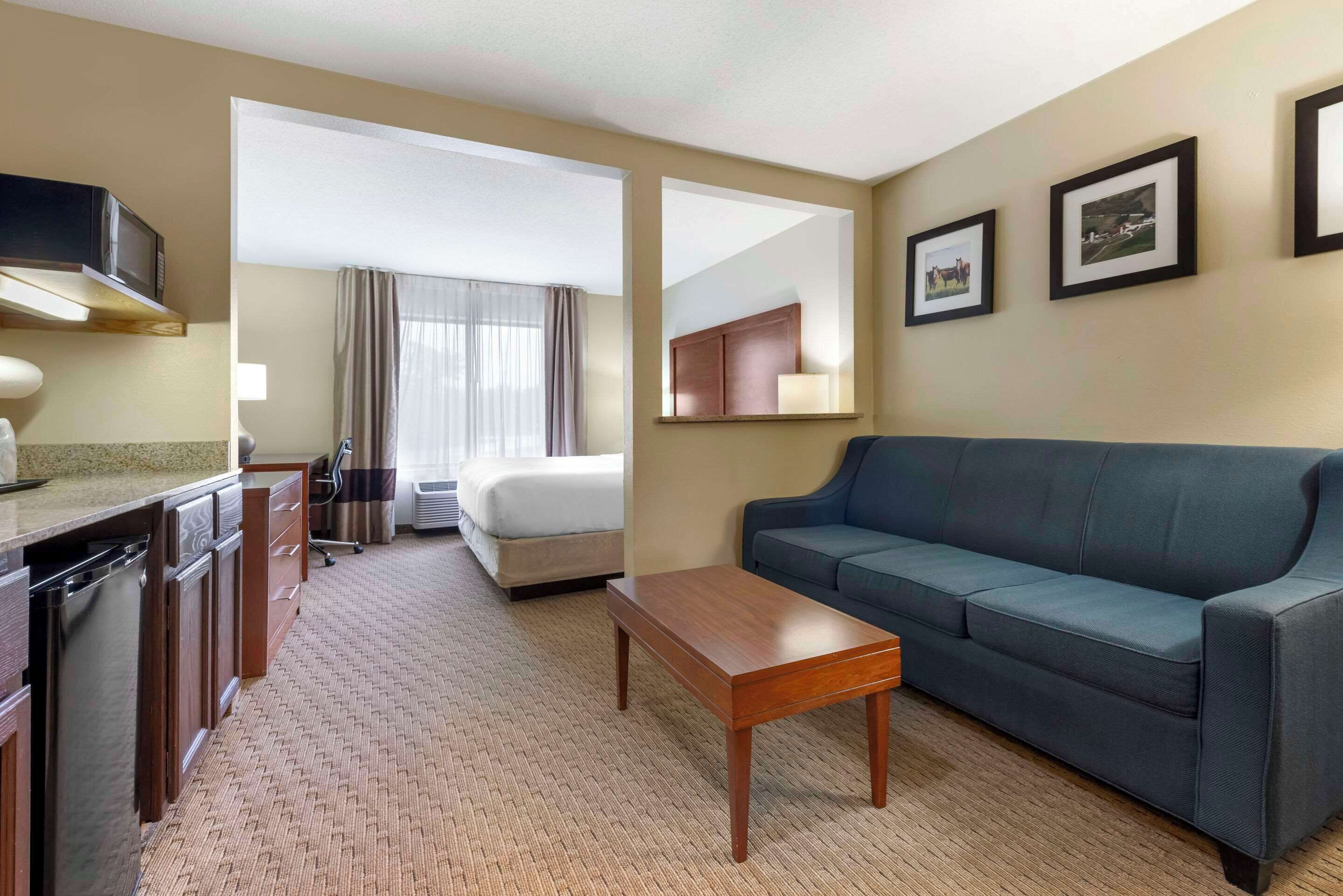 Une chambre d’hôtel avec un canapé, une petite table, un coin cuisine équipé d’un four à micro-ondes et un lit.