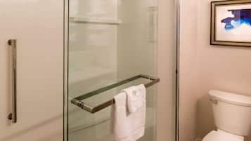 Ein Badezimmer mit Duschkabine aus Glas, einem Glas-Handtuchhalter und einer weißen Toilette.