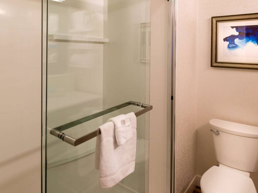 Ein Badezimmer mit Duschkabine aus Glas, einem Glas-Handtuchhalter und einer weißen Toilette.