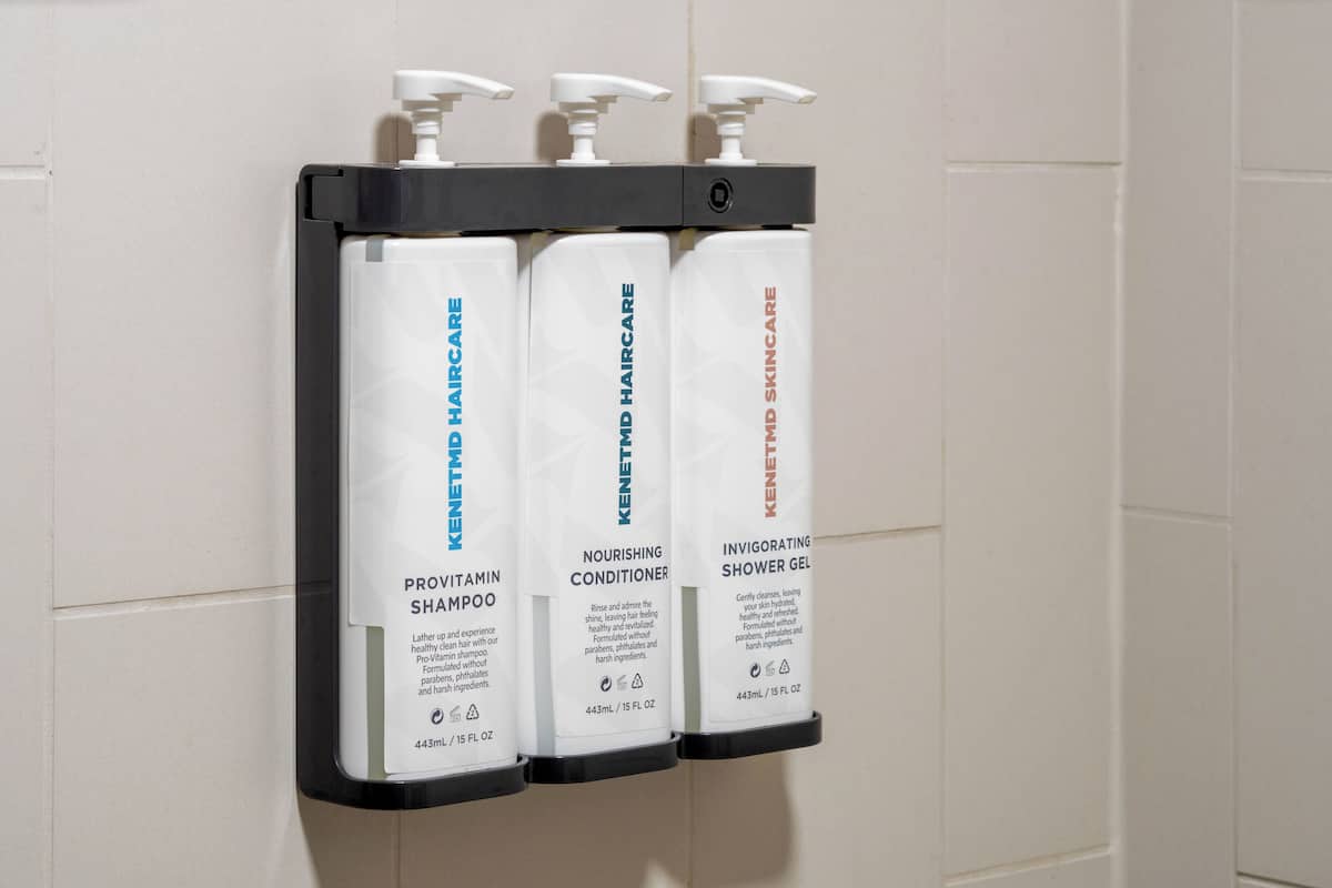 Hair dryer, towels, soap, shampoo
