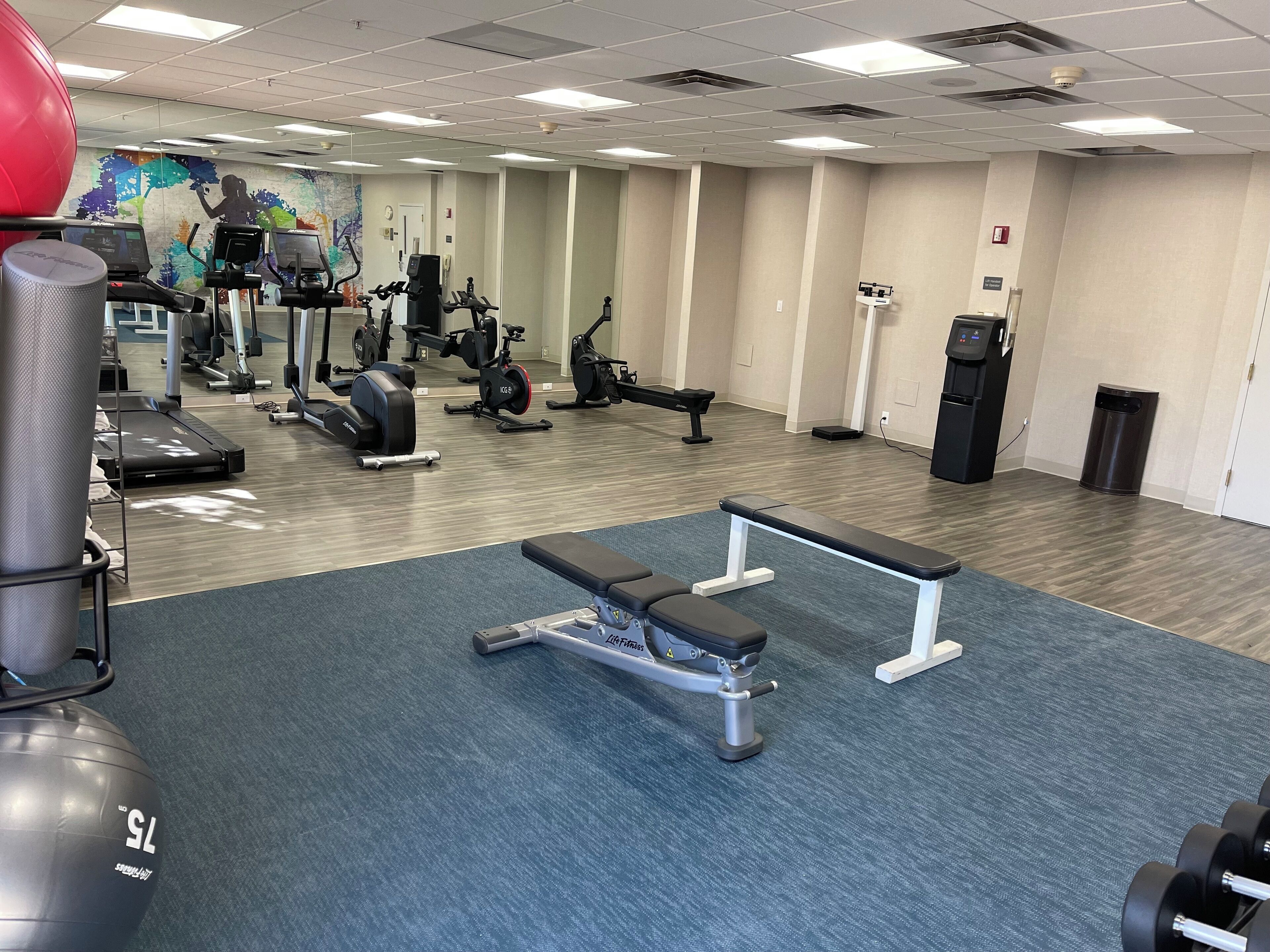 A gym with various exercise equipment, including treadmills, stationary bikes, and weight machines.