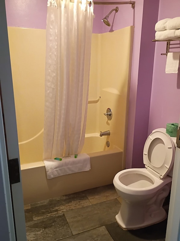 A bathroom with a bathtub, shower, and toilet.
