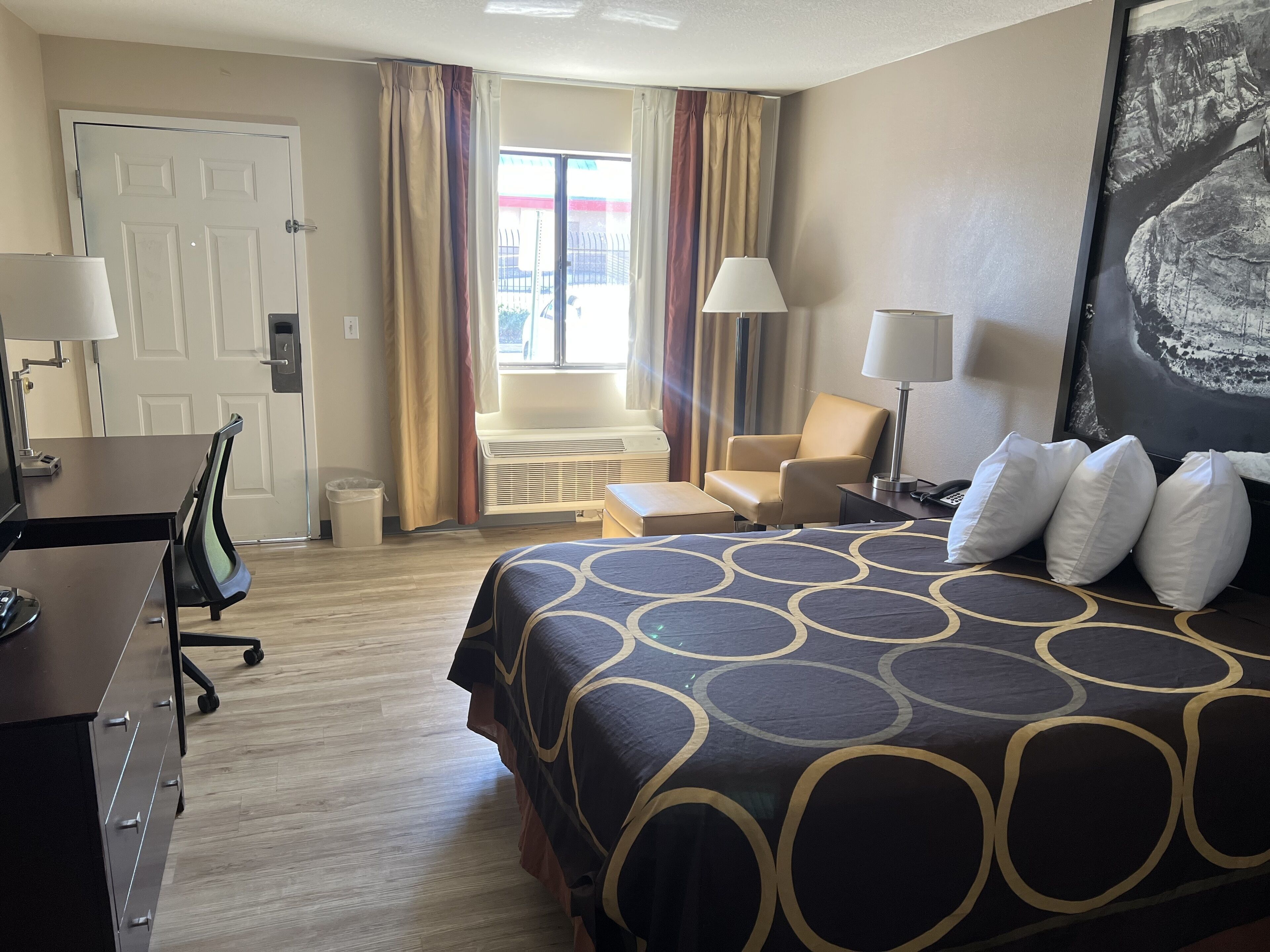 Individually furnished, desk, laptop workspace, blackout drapes