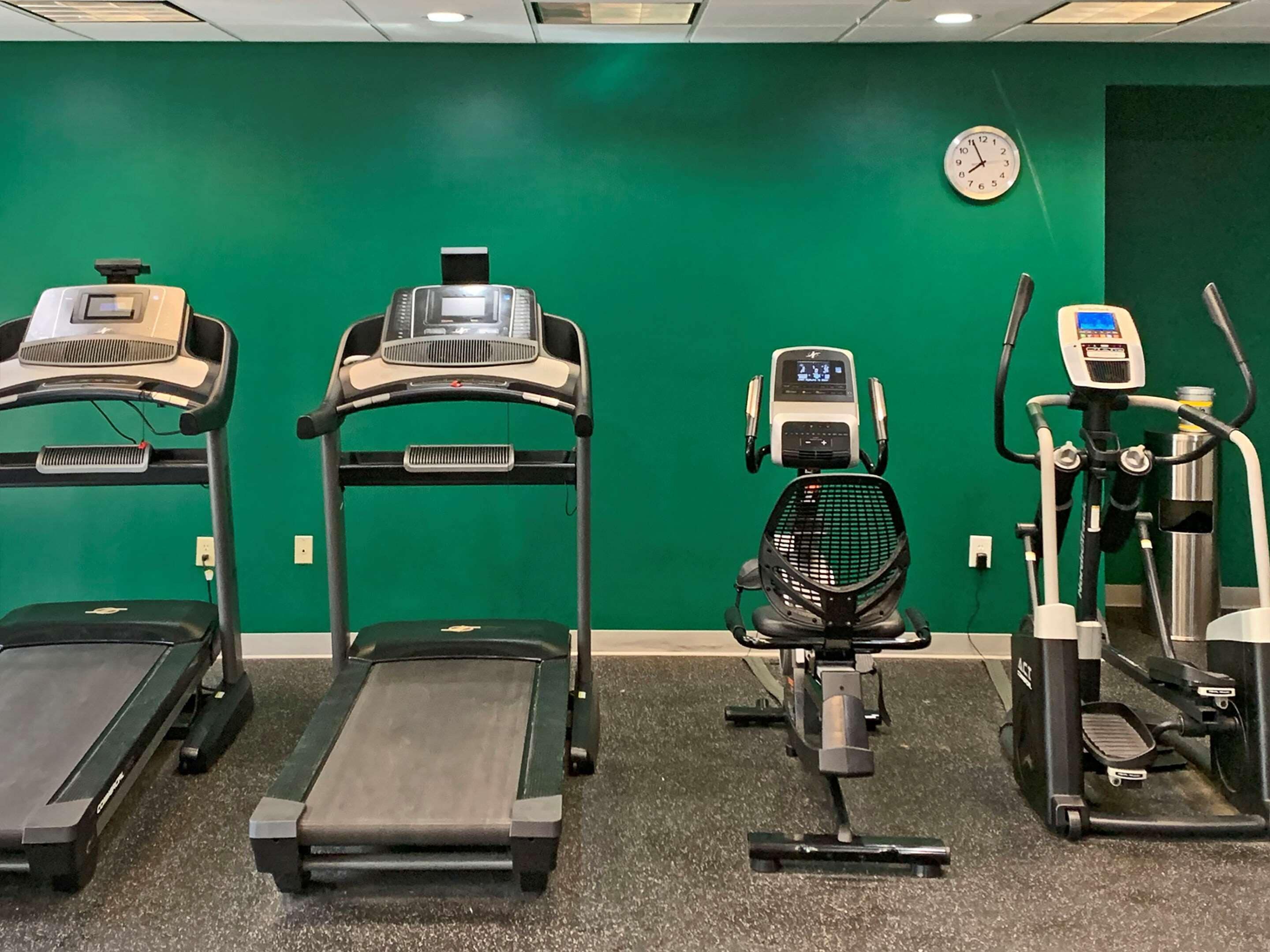 Ett gym med löpband, en crosstrainer och en motionscykel, allt placerat framför en grön vägg.