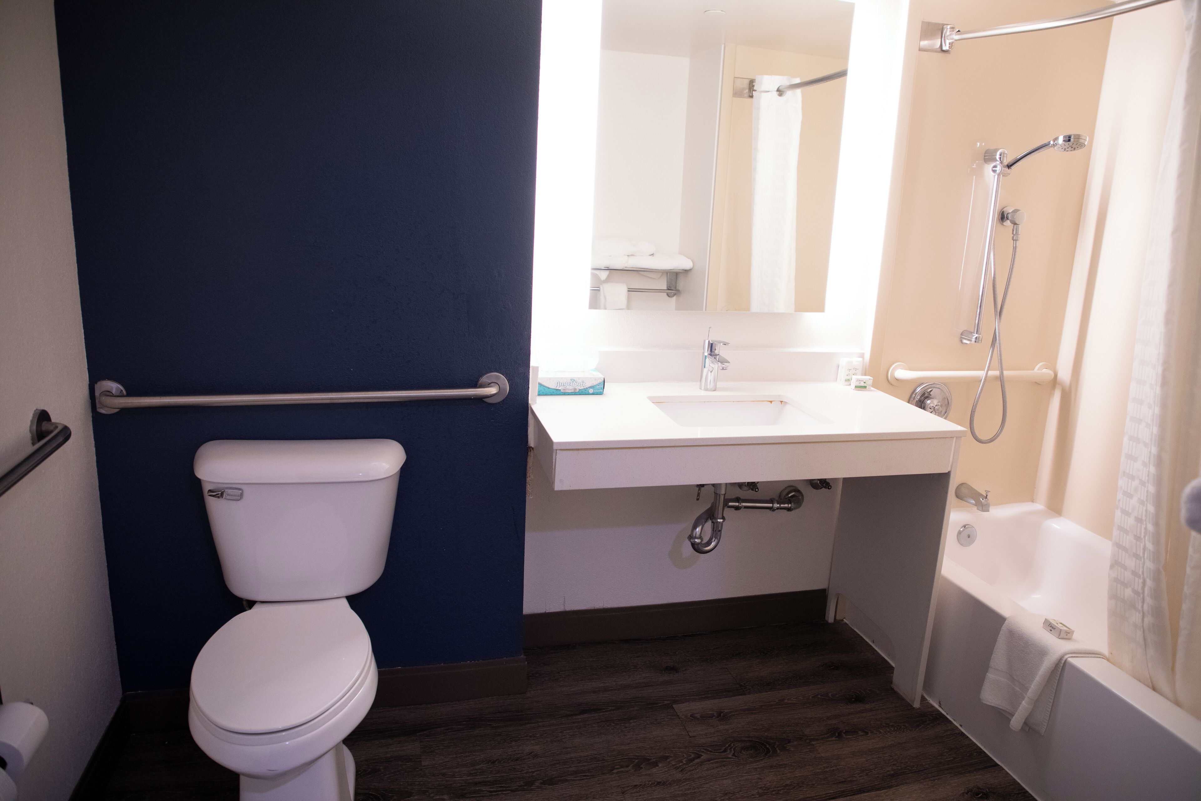 Une salle de bain avec des toilettes, un lavabo et une douche.