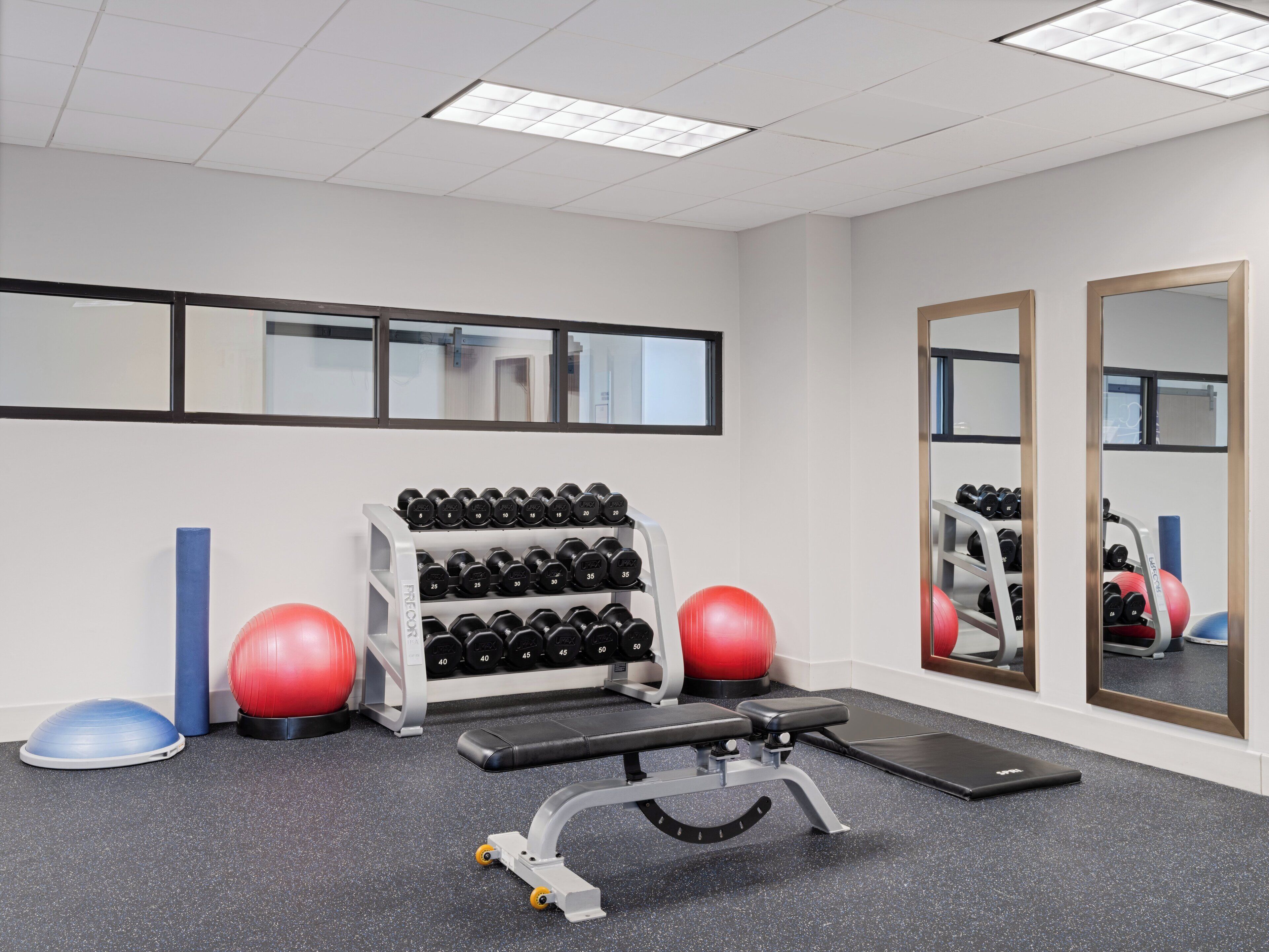 A gym with a bench, dumbbells, exercise balls, and a mirror.