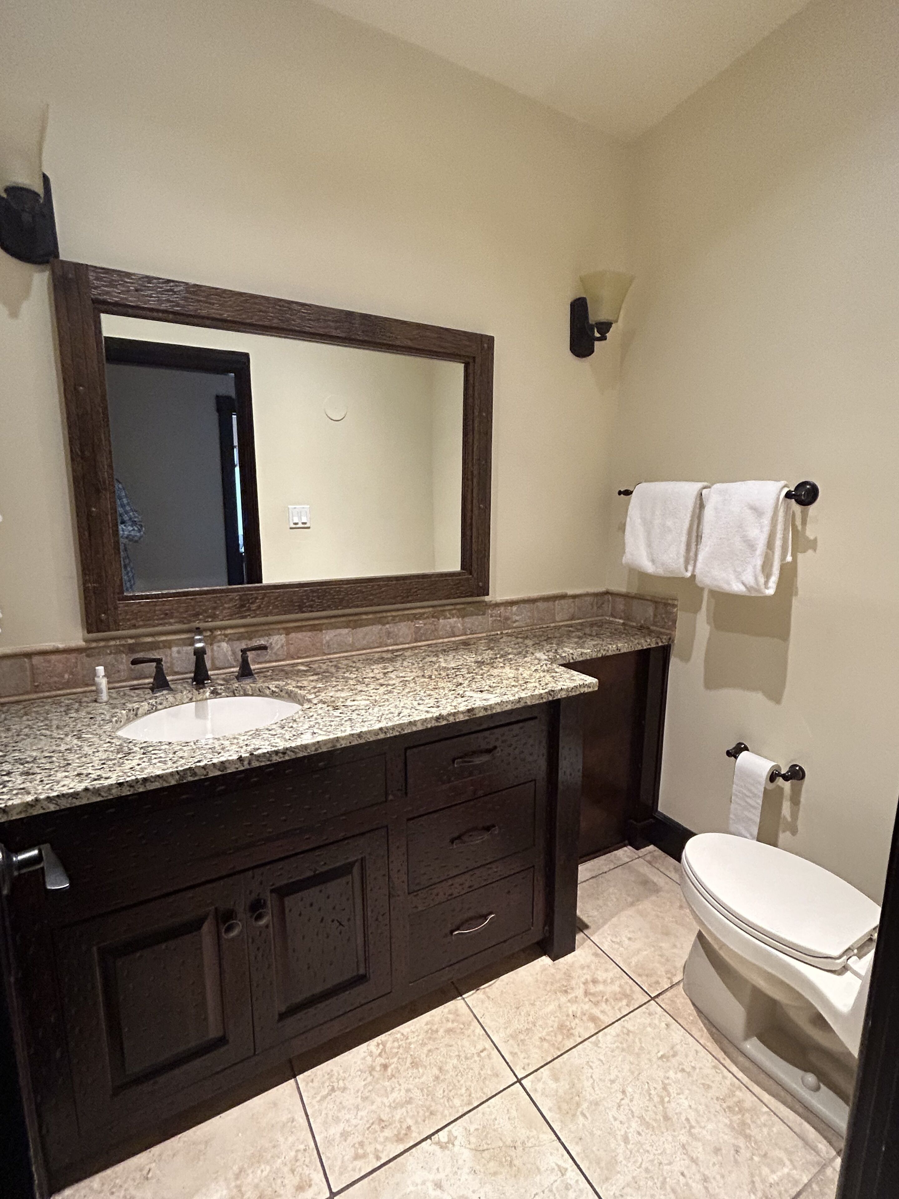 Une salle de bain avec un lavabo sur un plan de travail en granit, des meubles en bois foncé, un grand miroir, des toilettes et un porte-serviettes.