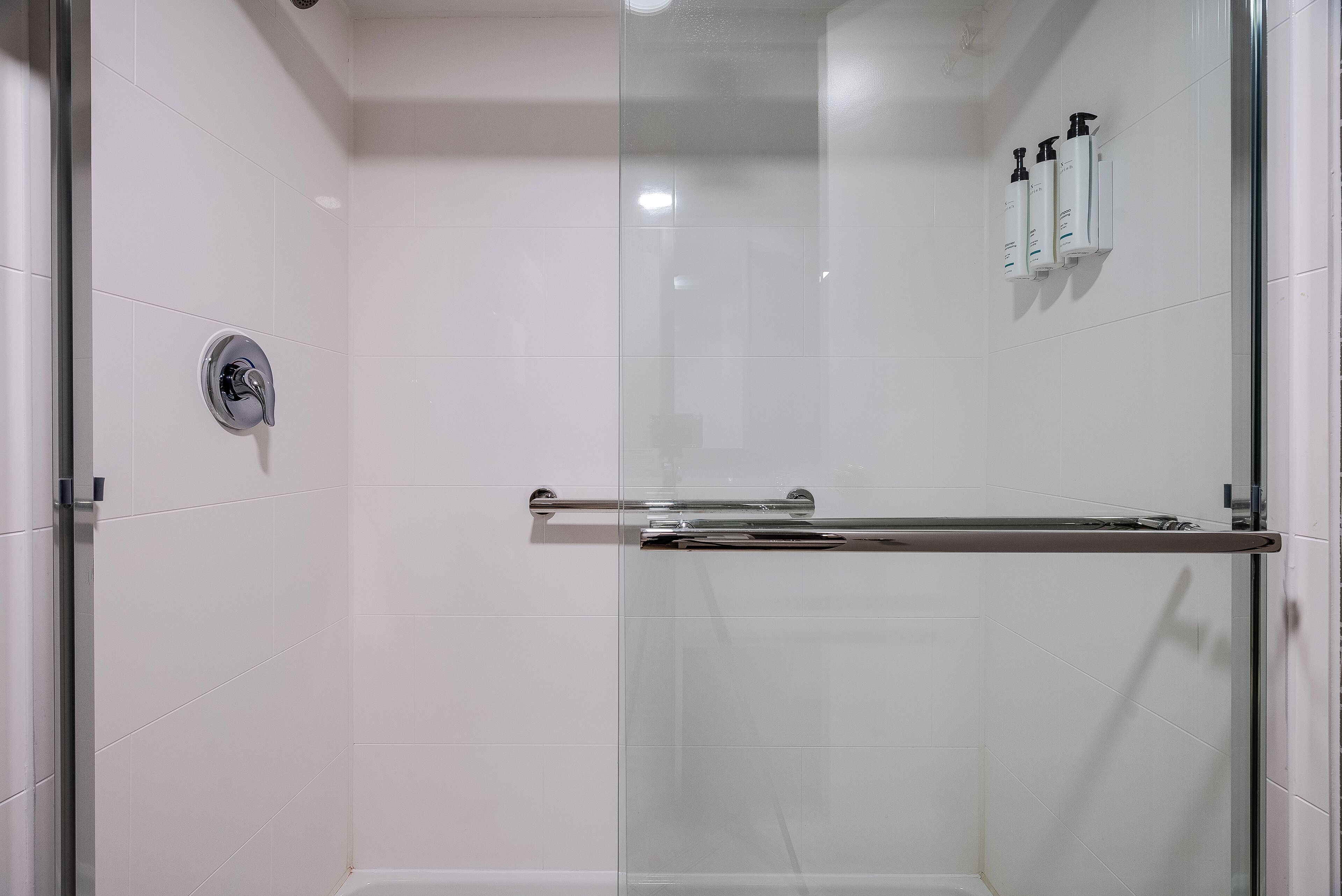 A glass-enclosed shower with a chrome showerhead and a handrail.