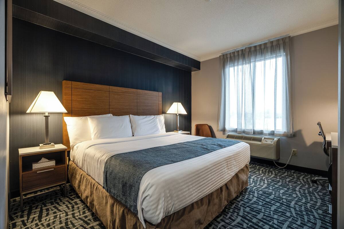 A hotel room with a large bed, two bedside lamps, a nightstand, a window with curtains, and a wall-mounted heater.