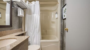 Une salle de bain équipée d’un lavabo, de toilettes, d’une douche et d’une baignoire.