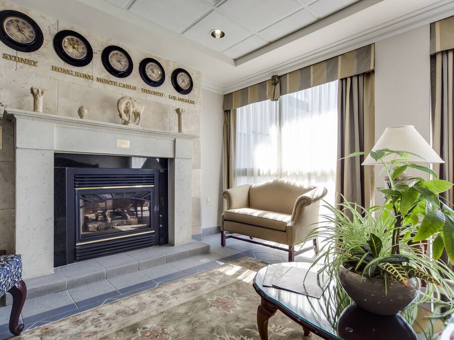 A living room with a fireplace, a sofa, a coffee table, and a potted plant.