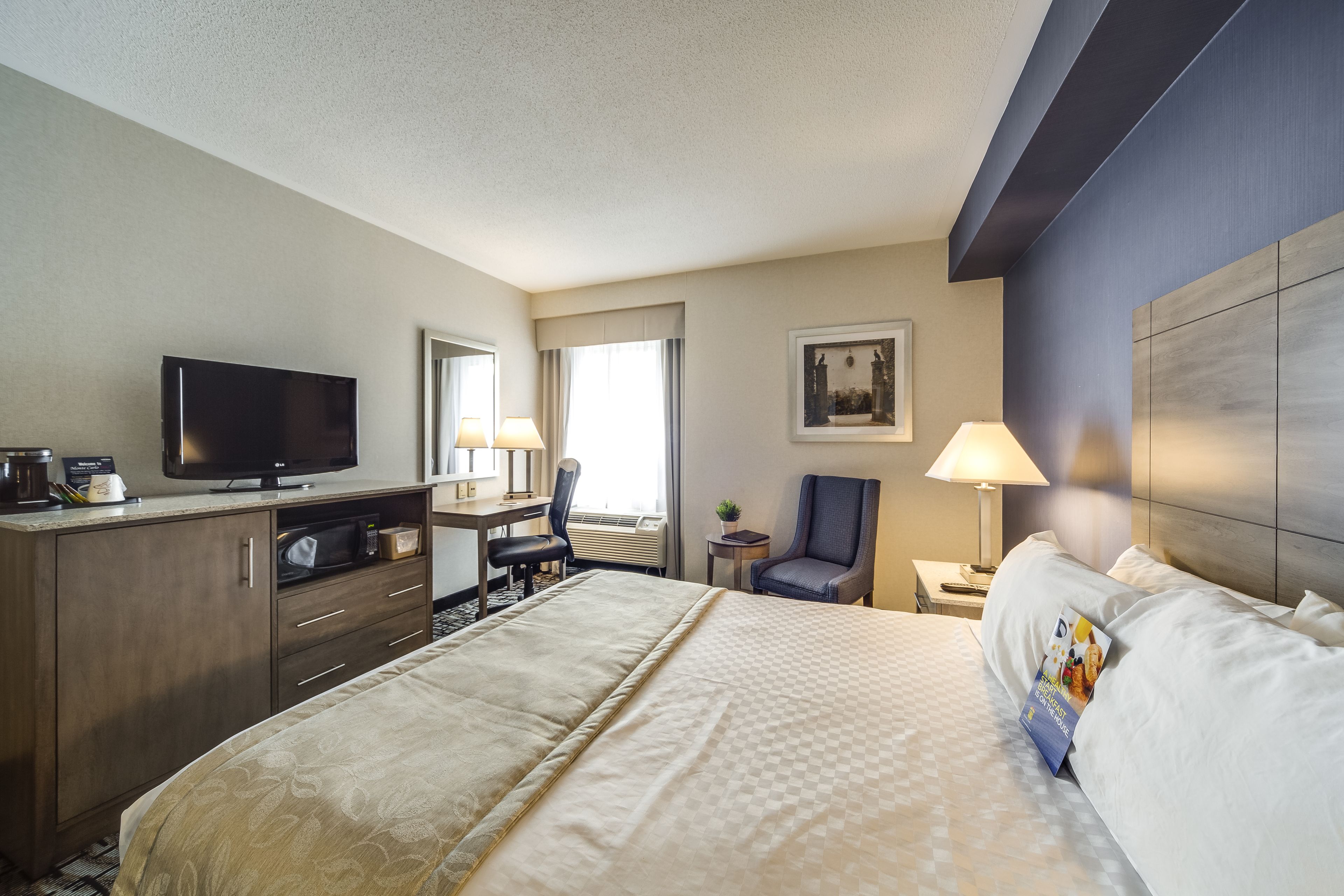 A hotel room with a bed, a desk, a television, a chair, a lamp, and a small table with a plant.
