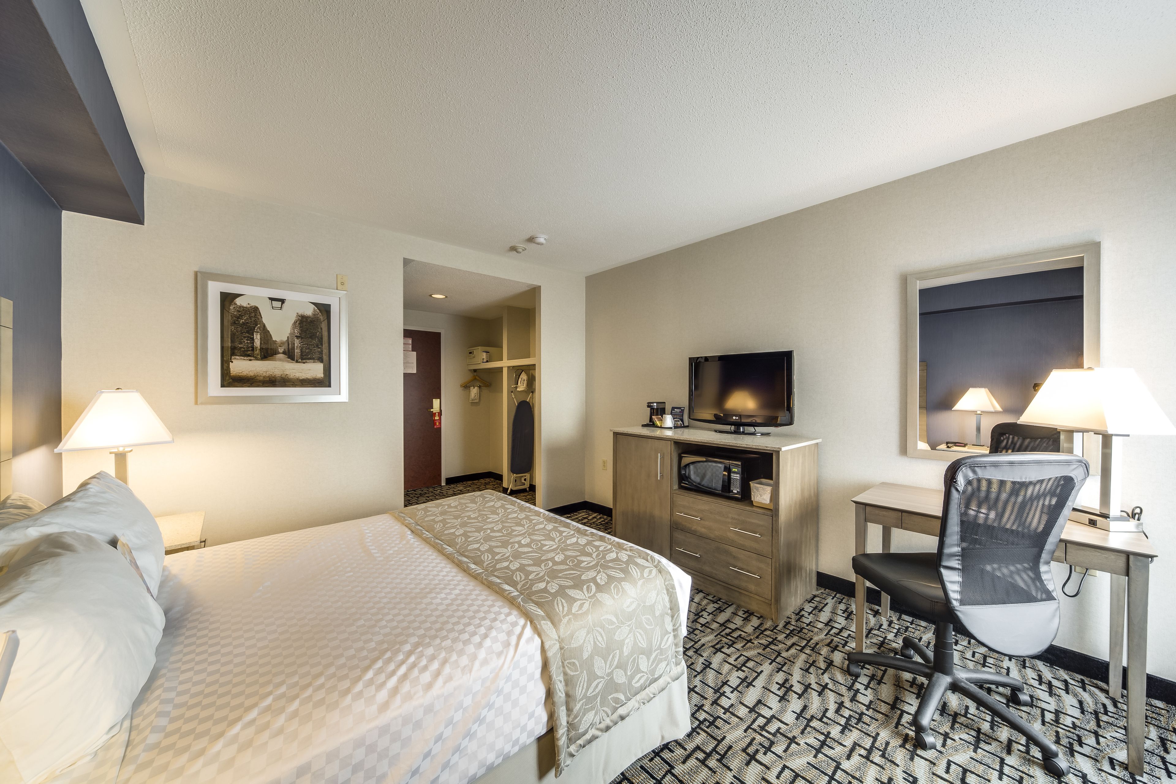 A hotel room with a bed, desk, chair, television, and a framed picture on the wall.
