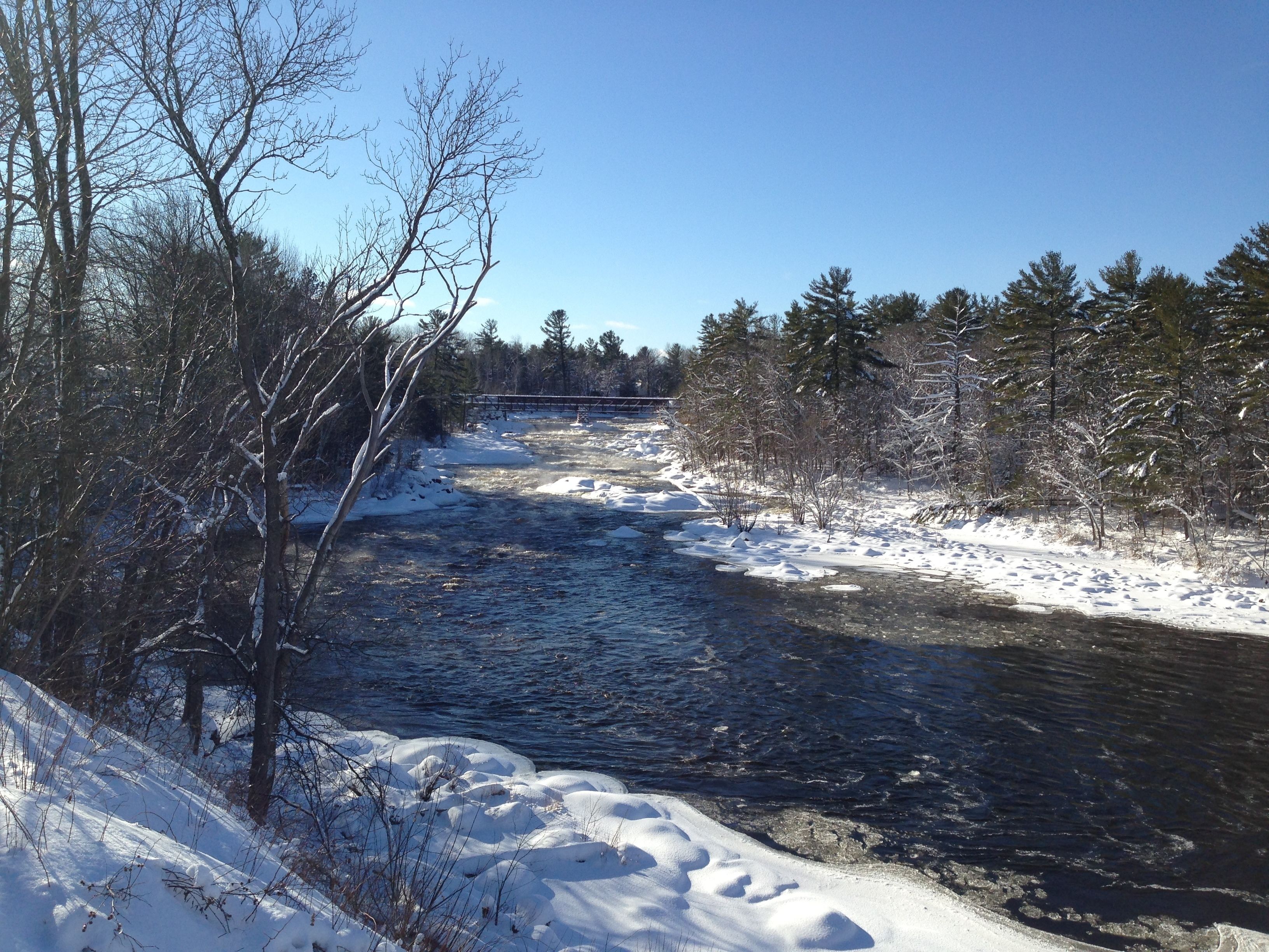 A river with snow-covered banks and trees, a bridge in the distance, and a clear blue sky.