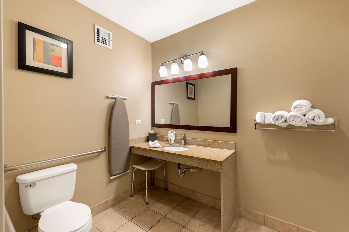 A bathroom with a toilet, sink, mirror, towel rack, and a framed picture on the wall.