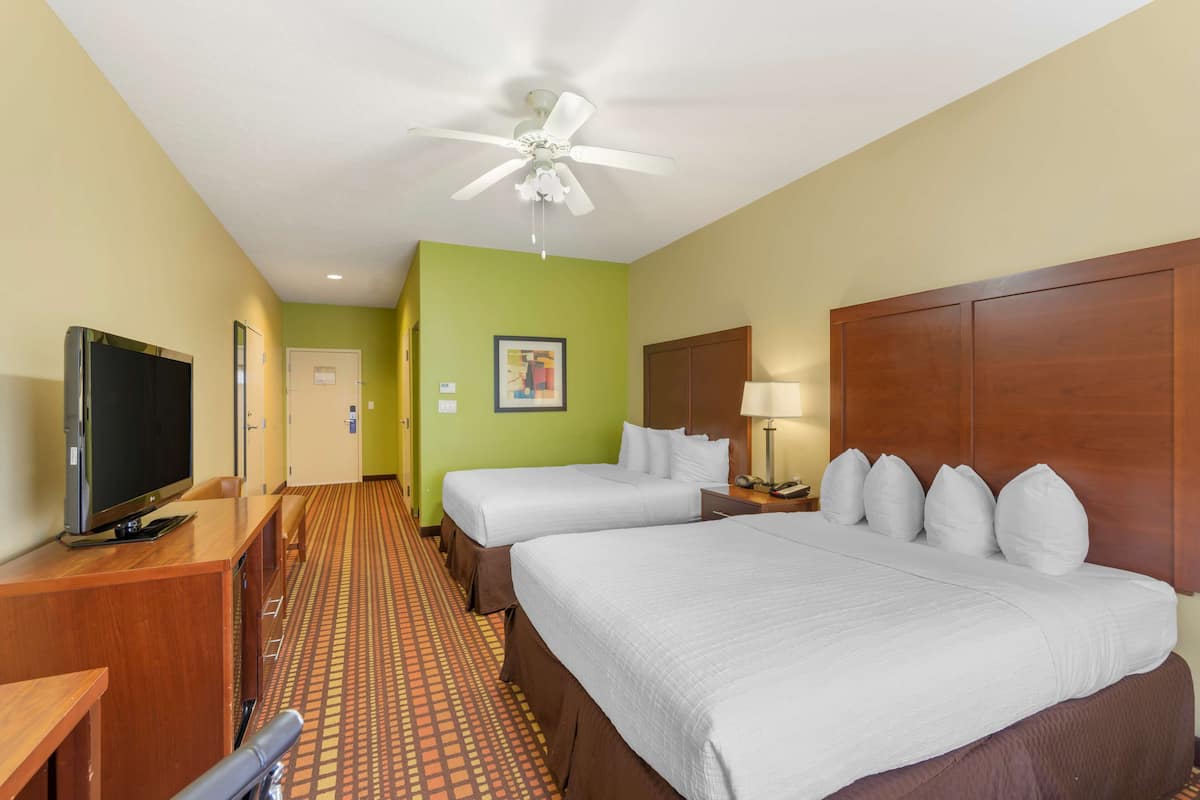 A hotel room with two beds, a television, a ceiling fan, and a patterned carpet.