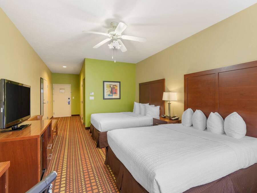 A hotel room with two beds, a television, a ceiling fan, and a patterned carpet.