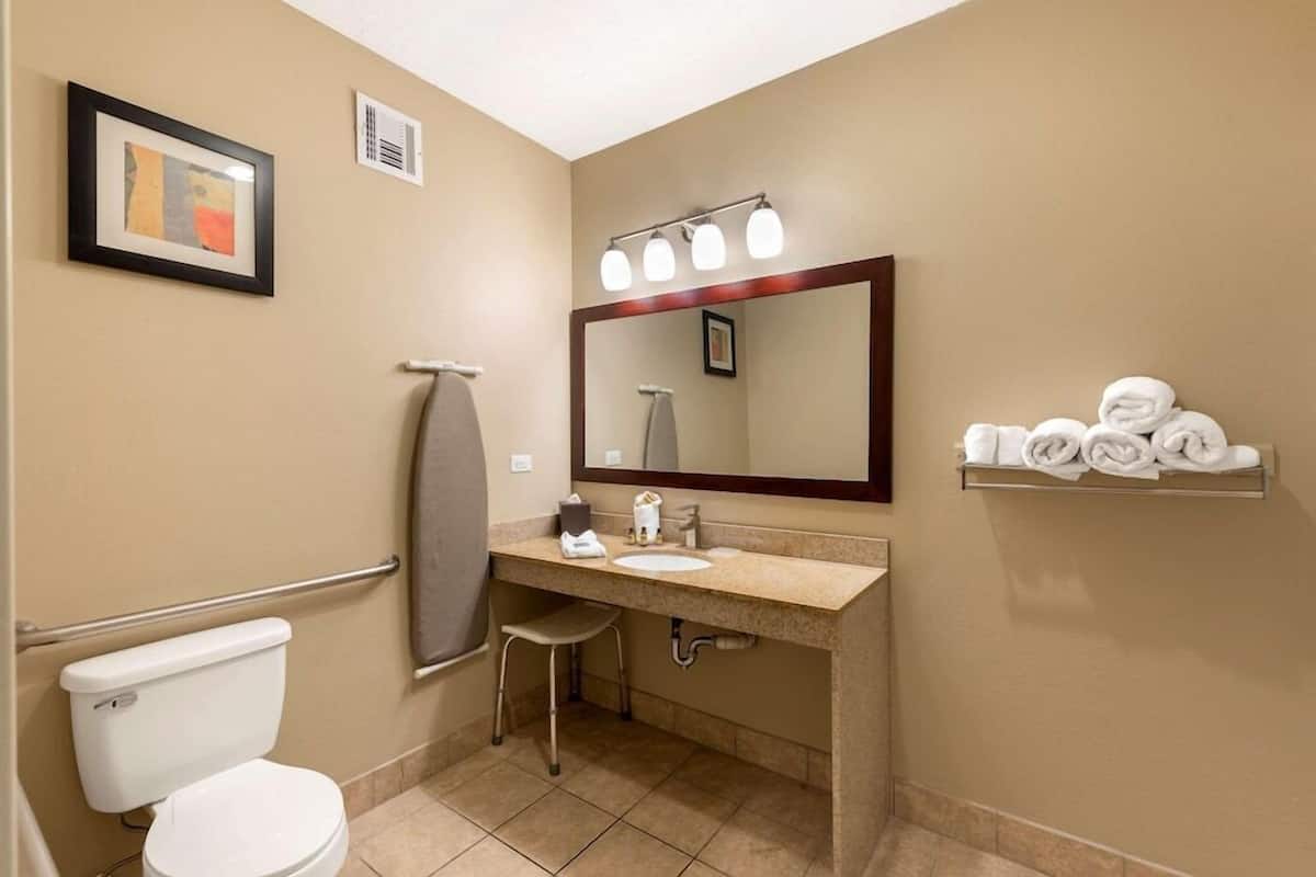 A bathroom with a toilet, sink, mirror, towel rack, and a framed picture on the wall.