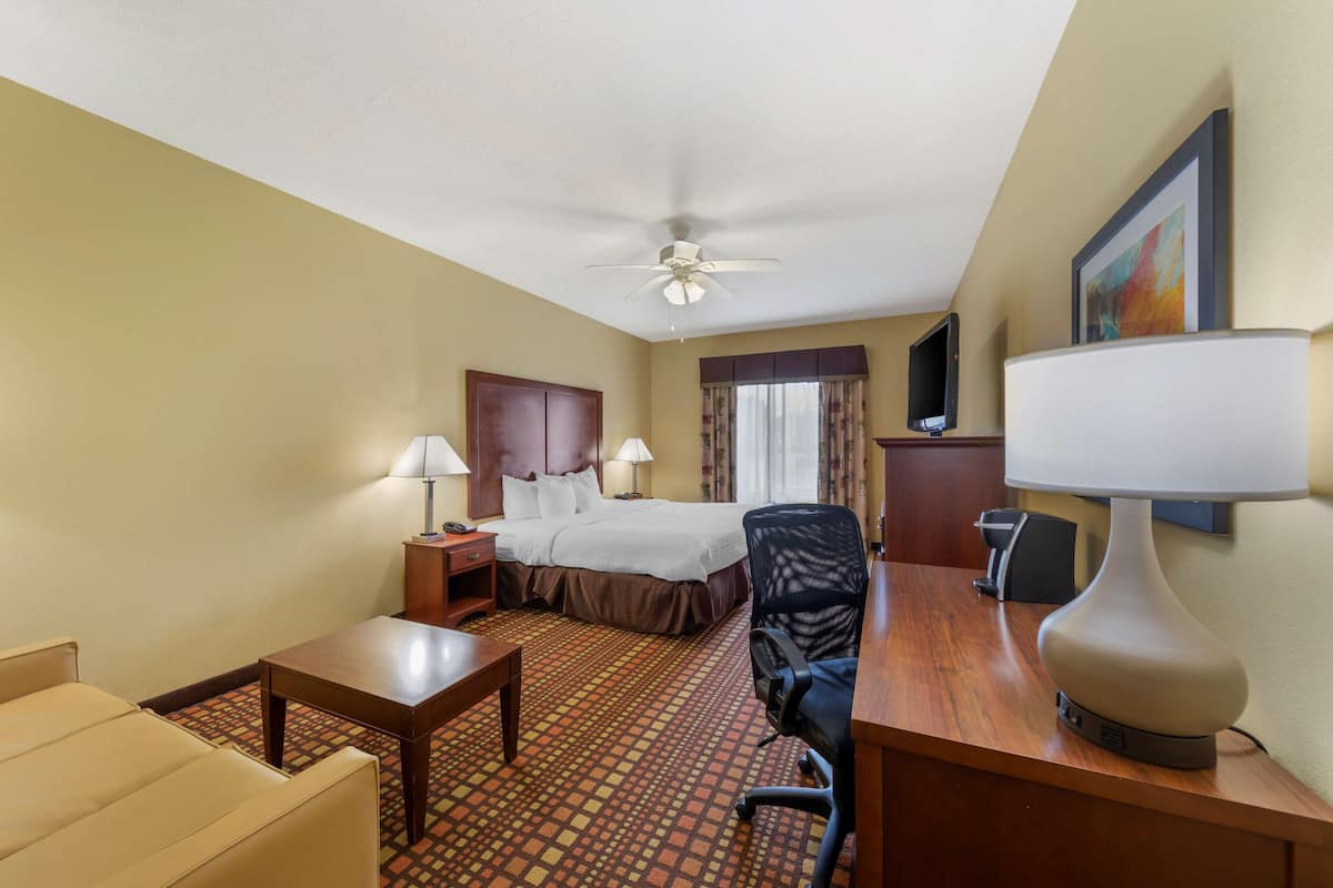 A hotel room with a bed, desk, chair, and a ceiling fan.