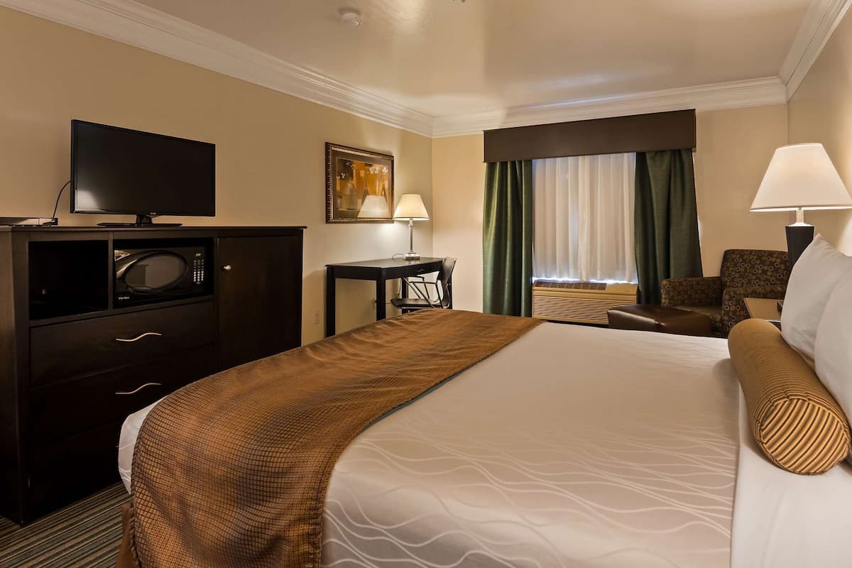 A hotel room with a bed, a TV, a desk, a chair, a lamp, and a painting on the wall.