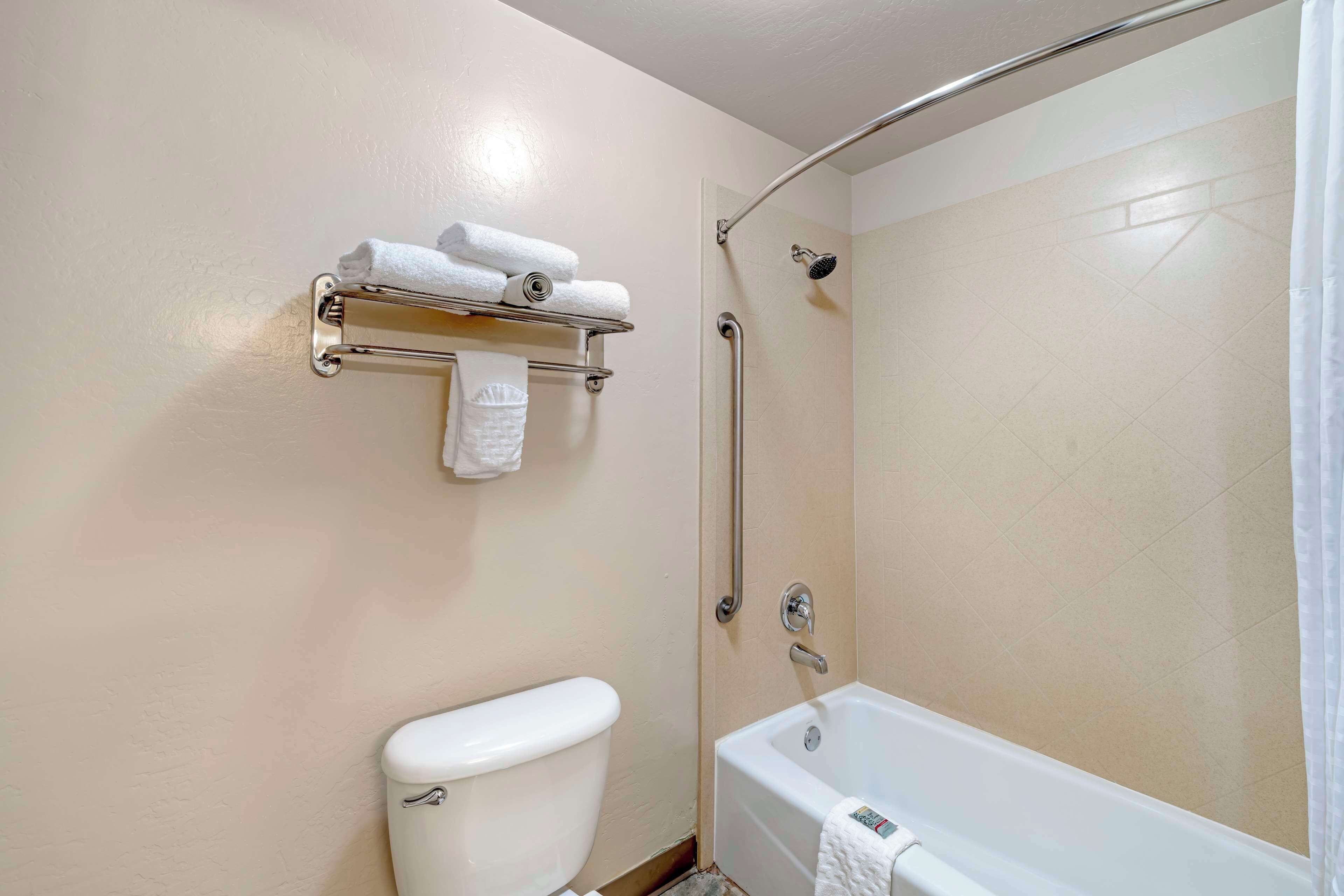 A bathroom with a toilet, a bathtub, and a shower with a grab bar.
