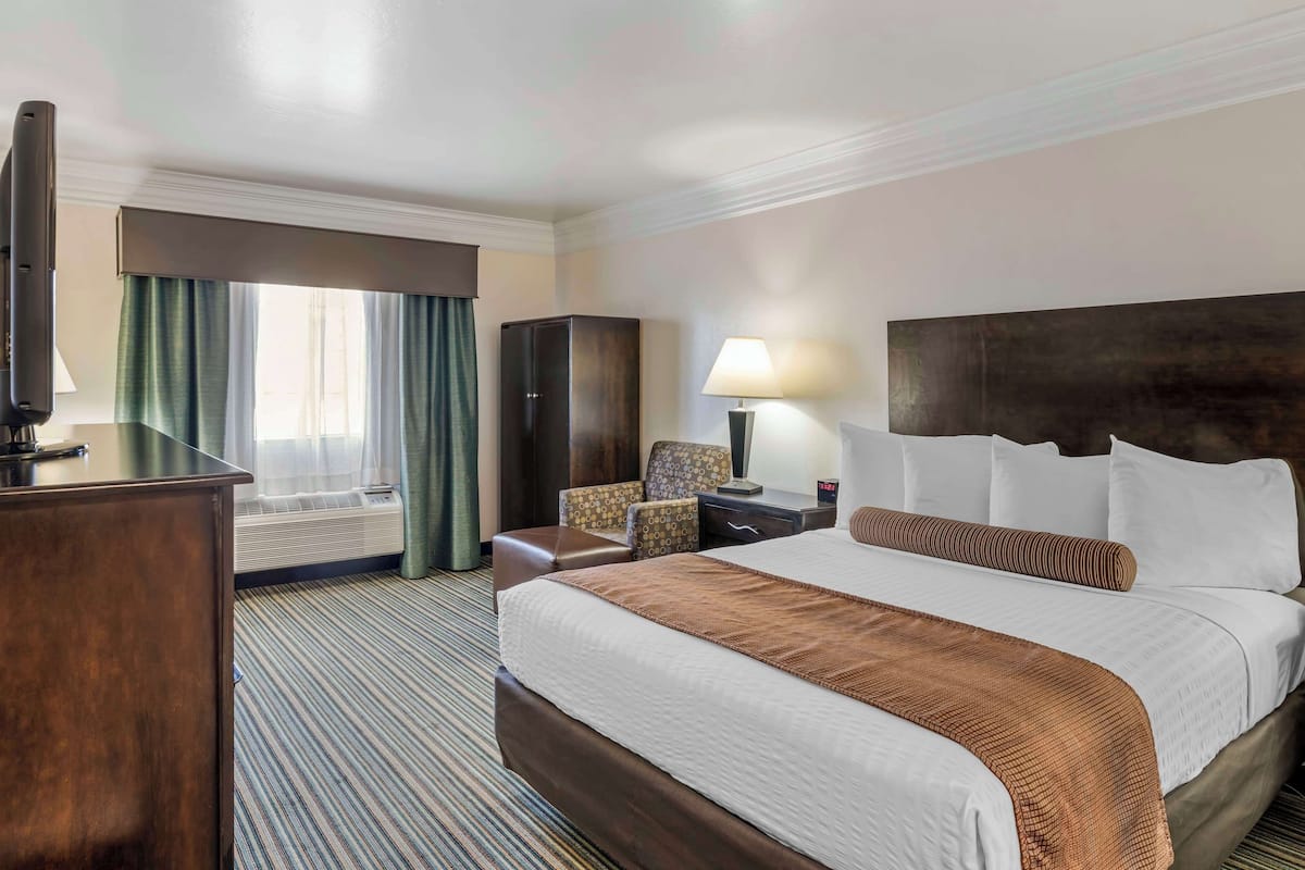 A hotel room with a large bed, a desk, a chair, a TV, a lamp, and a window with curtains.